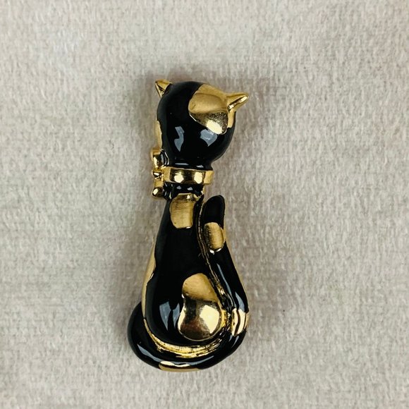 Vintage Kitty Cat Gold Tone and Black Enamel Brooch - Picture 2 of 4